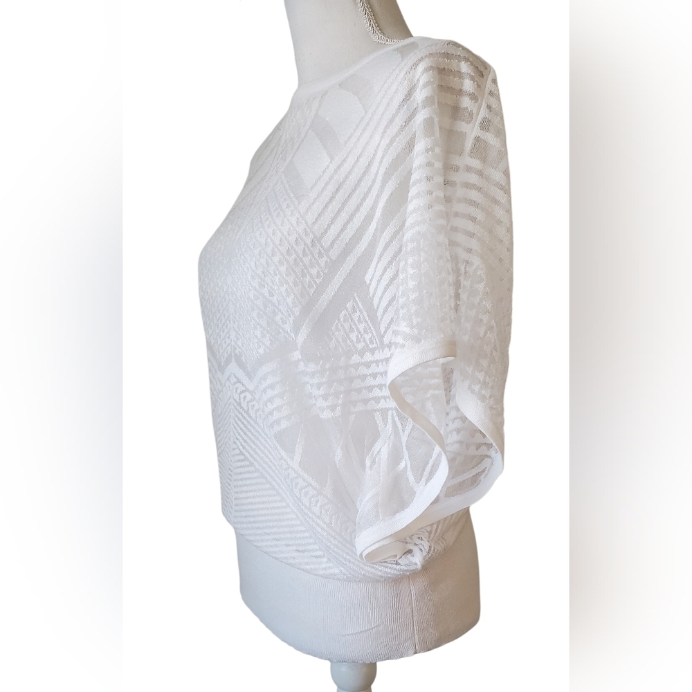 White House Black Market White Textured Sheer Blouson Top Dolman Sleeve Size L - Picture 3 of 10